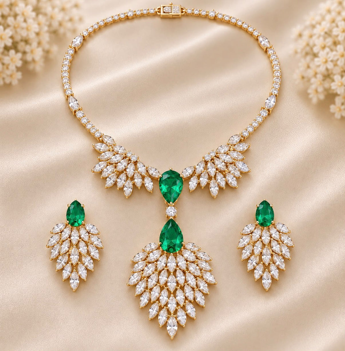 Emerald Feather Necklace Set