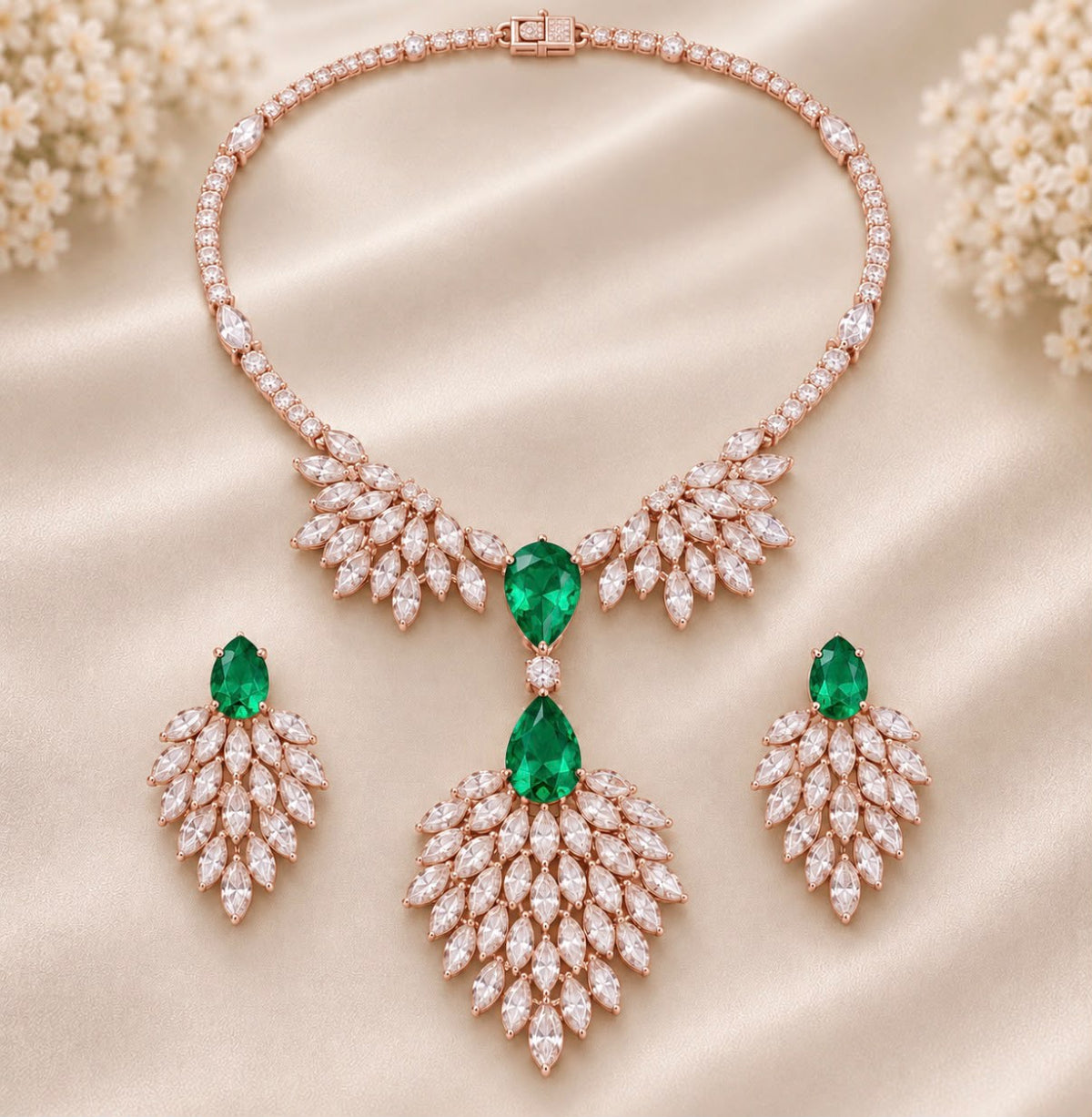 Emerald Feather Necklace Set